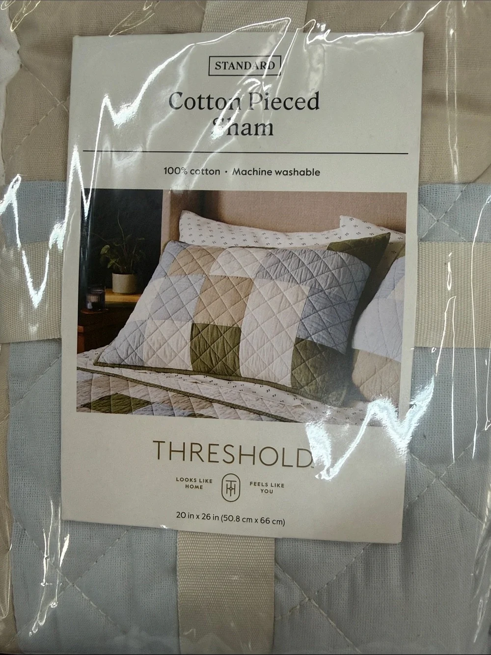 Threshold Patchwork Quilted Pillow Sham in Blue, Olive & Cream Standard Size NWT